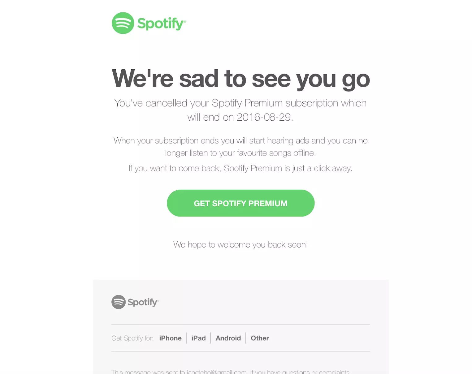 Spotify atsisakymo el. pašto pavyzdys
