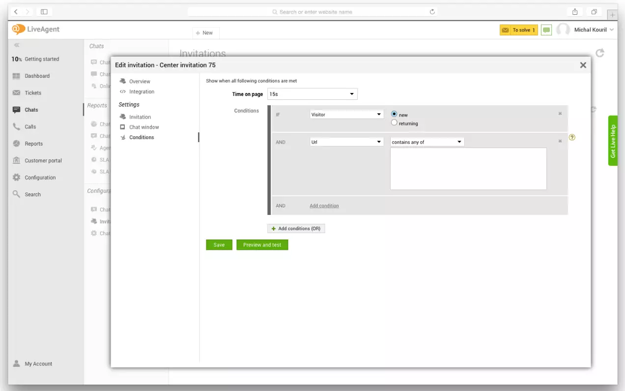 LiveAgent nustatymai, rodantys, kaip nustatyti proaktyvaus pokalbio suaktyvintojai