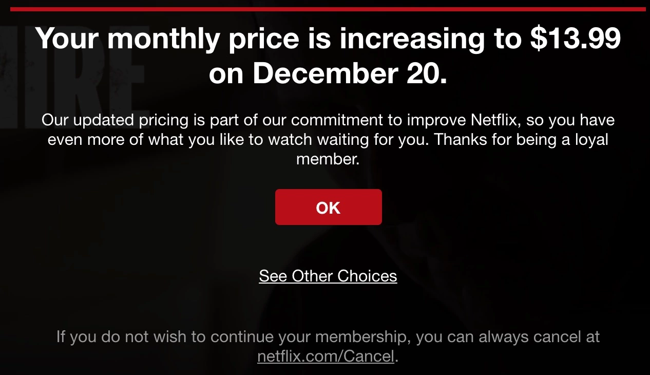 Netflix kainų padidėjimo el. laiško šablonas