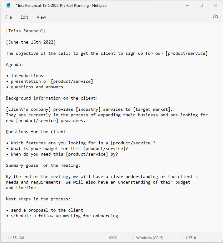 Išankstinio skambučio pastabų pavyzdys