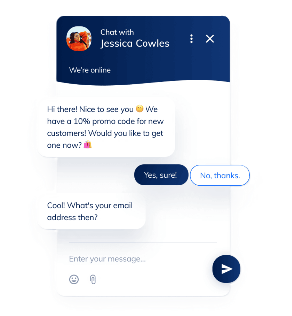 Tiesioginės pokalbio sąsaja, siūlanti promokodą ir prašanti vartotojo el. pašto