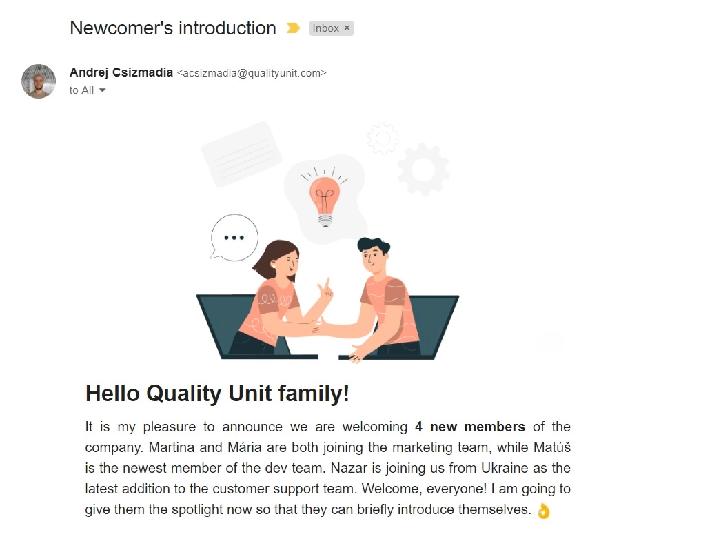 Quality Unit naujo atvykėlio pristatymo el. paštas