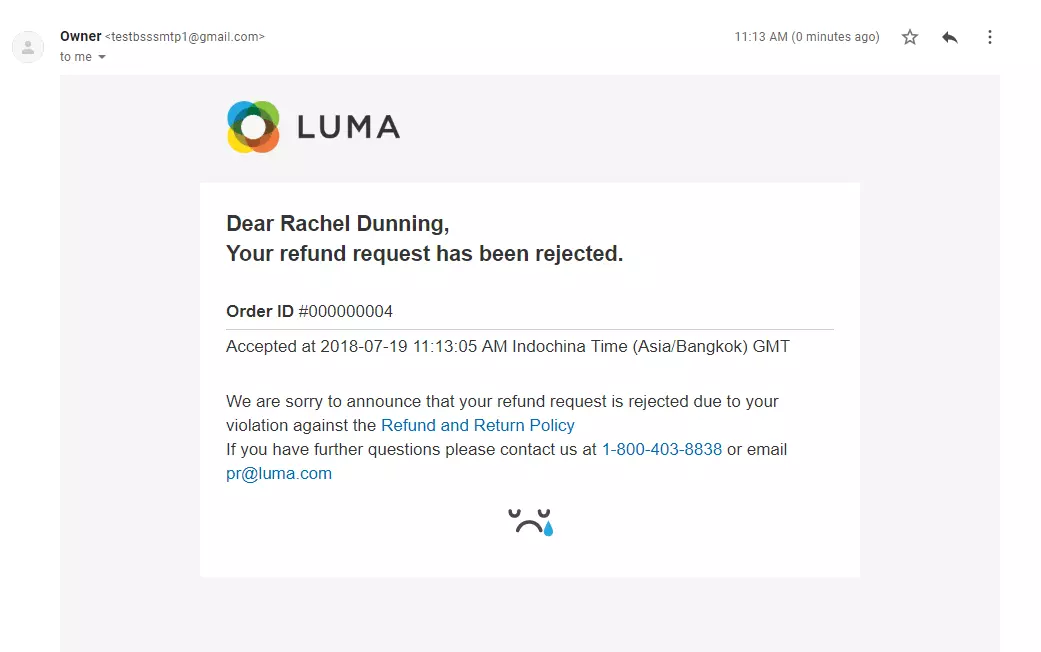 Grąžinimo prašymo atmeto el. pašto pavyzdys