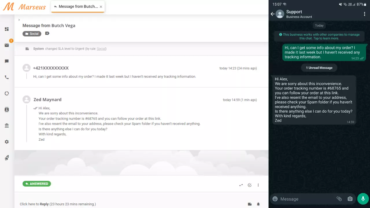WhatsApp pranešimas rodomas kaip bilietas LiveAgent