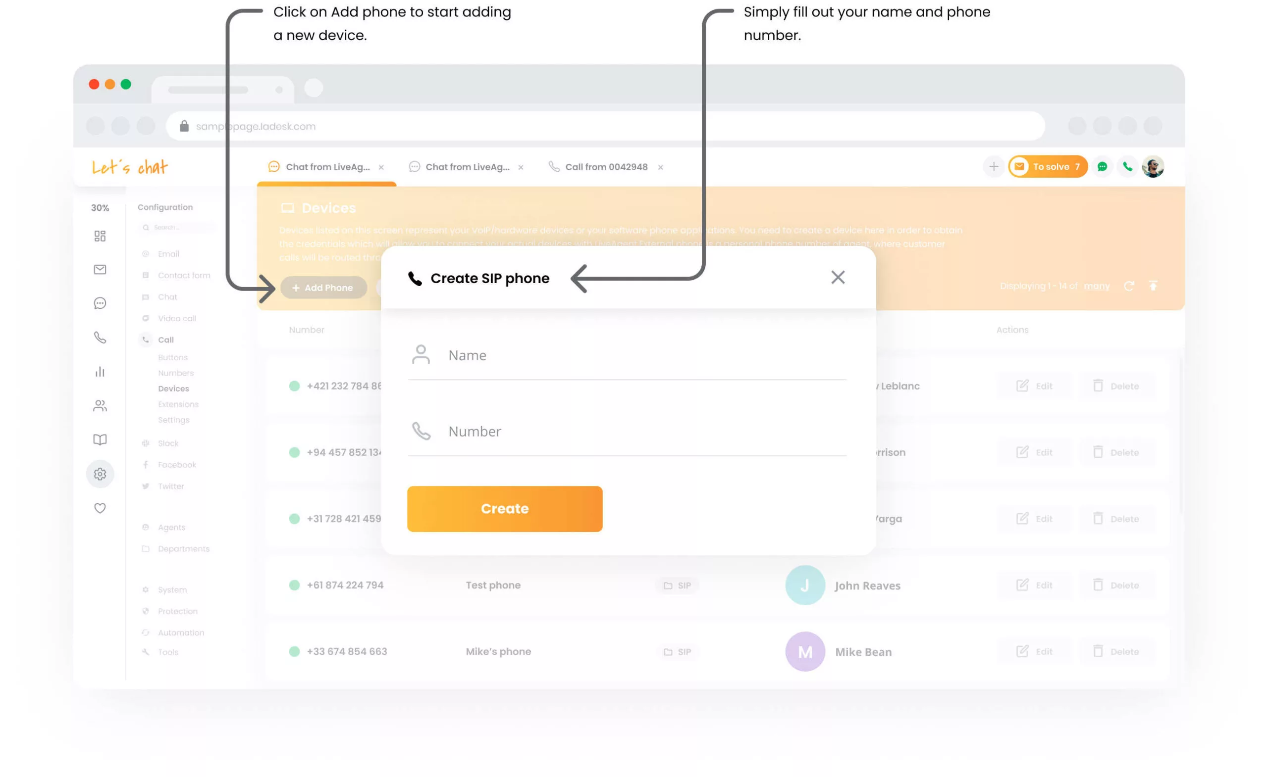 LiveAgent skambinimo įrenginiai
