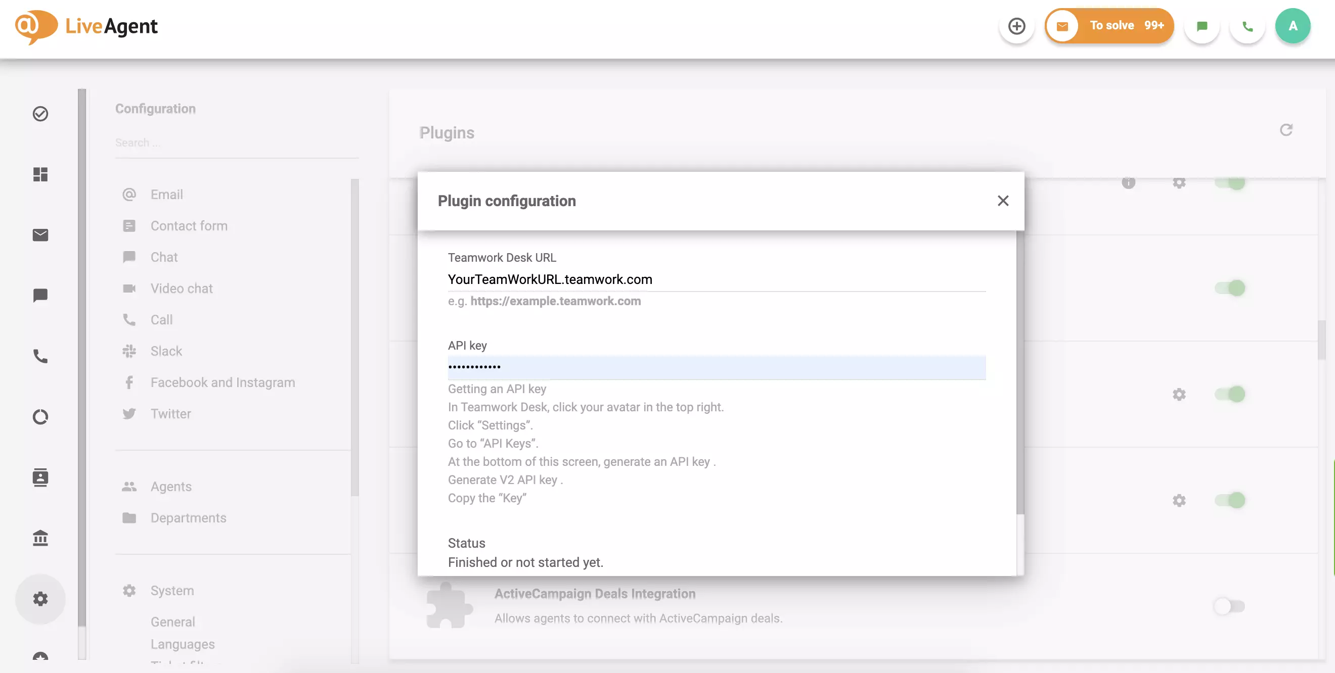 Įveskite savo Teamwork Desk URL ir API, tada spauskite Išsaugoti.